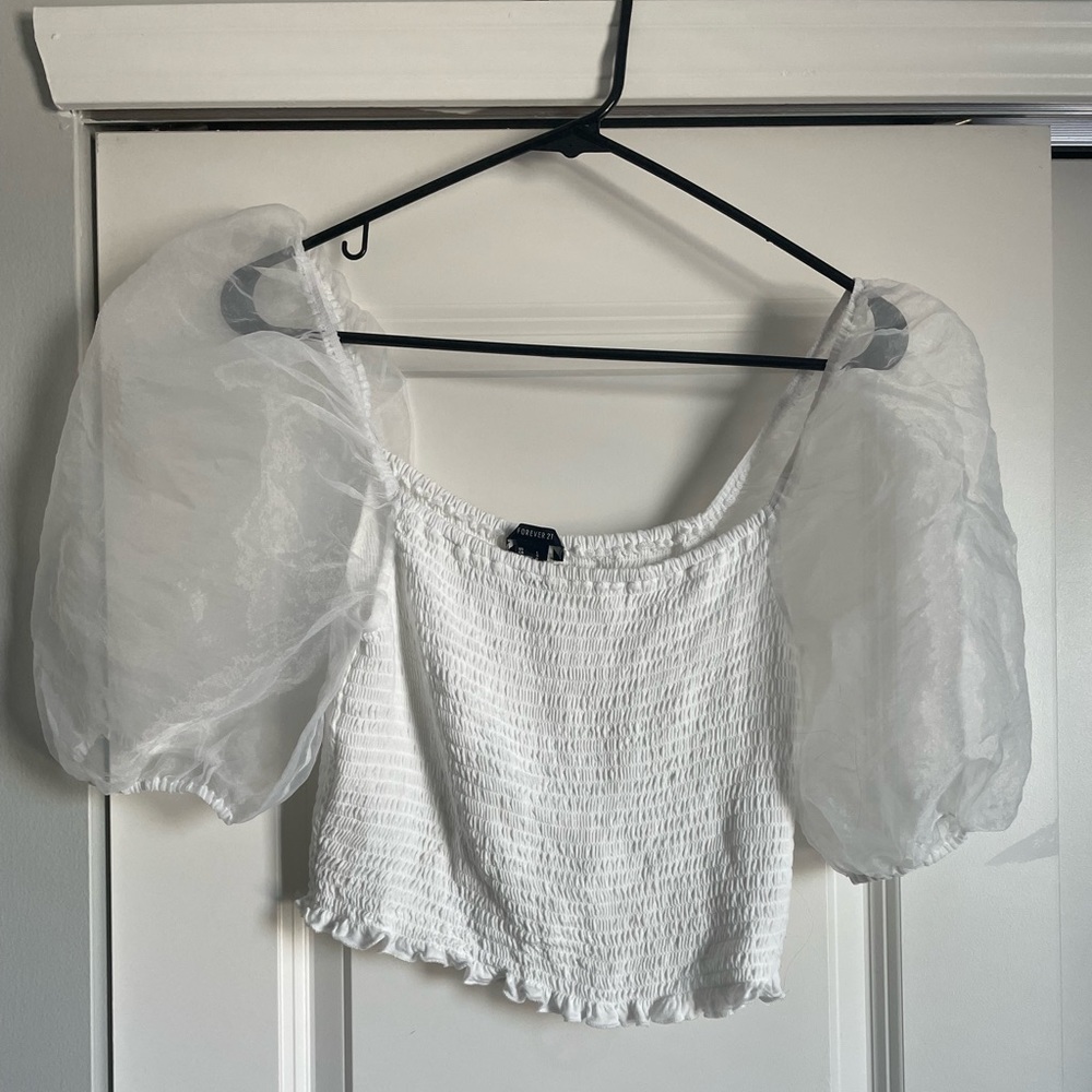 Forever 21 puff sleeve white crop top, size L